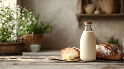 Vintage milk bottle on rustic table, bread loaf and butter, retro-style label, glass material, cozy...