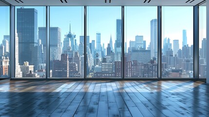 Empty office with panoramic view of city at sunset