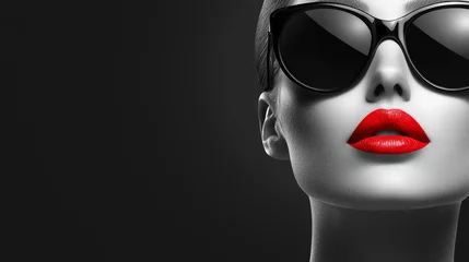 A striking black and white portrait of a woman with red lipstick and sunglasses, representing style, confidence, beauty, and mystery. © Sanwa