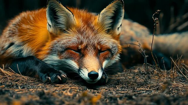 A red fox naps in the forest, its eyes closed and its body curled up in a peaceful slumber