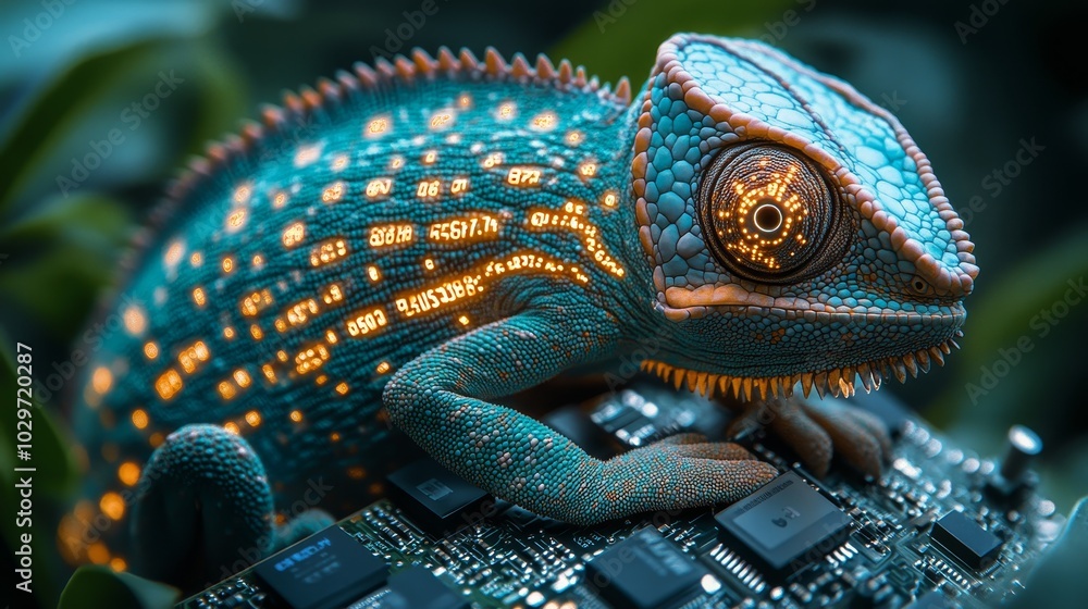 Poster a vibrant chameleon navigates a circuit board, its scales illuminated with glowing digital code, sym