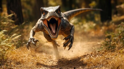 A velociraptor, a fearsome and agile dinosaur, charges toward the camera with its mouth open, showcasing its sharp teeth and powerful legs. The dinosaur is surrounded by a dense forest, creating an at