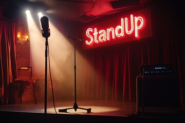 Illuminated comedy stage with microphone and neon sign inviting laughter during a stand-up performance at night