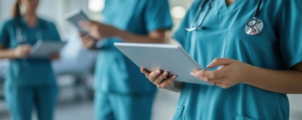 Medical professionals wearing scrubs, managing patient data on tablets in a high-tech hospital environment healthcare management, diversity