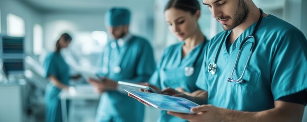 Medical professionals wearing scrubs, managing patient data on tablets in a high-tech hospital environment healthcare management, diversity