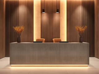 2408 103.A 3D-rendered modern reception area in a clinic or spa, showcasing a minimalist concrete desk with clean lines. The room is framed with warm wooden paneling and plush seating, offering a