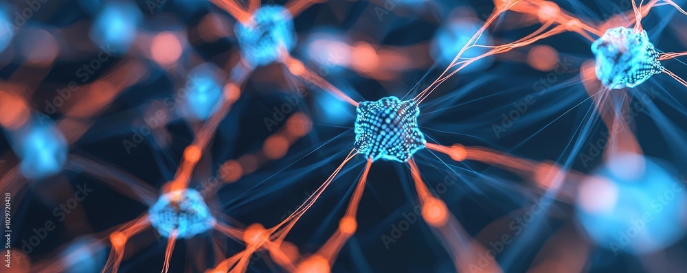 Poster abstract representation of neural connections with vibrant blue and orange nodes.