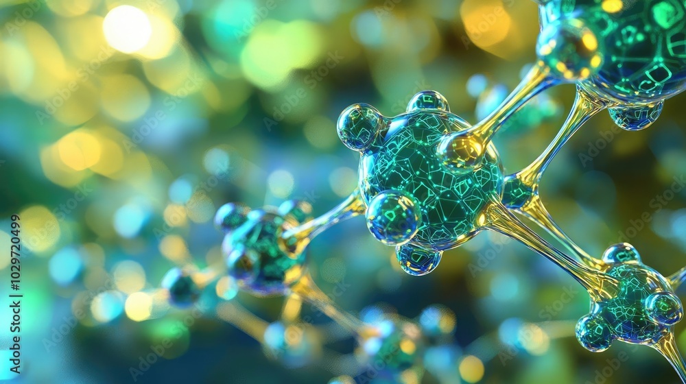 Poster close-up of colorful molecular structure on blurred background.
