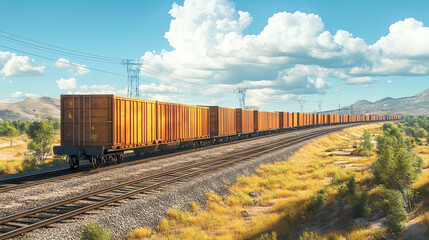 Fototapeta premium A side view of a long freight train carrying heavy cargo containers, passing through a rural landscape