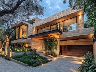 Fototapeta premium 2408 22.A modern residential house in Mexico, featuring two floors, sharp architectural angles, and large windows that allow natural light to flood the interior. The facade is a blend of light stone
