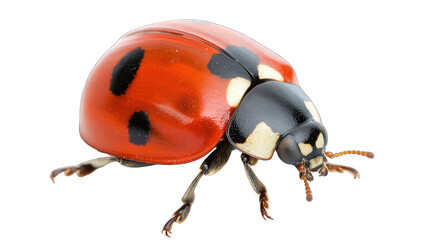Fototapeta premium view of a ladybug with bright red wings and black spots