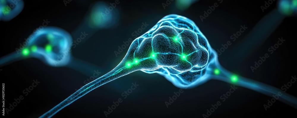Poster Digital representation of neuron cells with glowing connections on dark background.