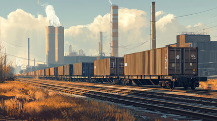 Fototapeta premium A side view of a freight train traveling through an industrial area, with large cargo containers stacked on flatbed cars