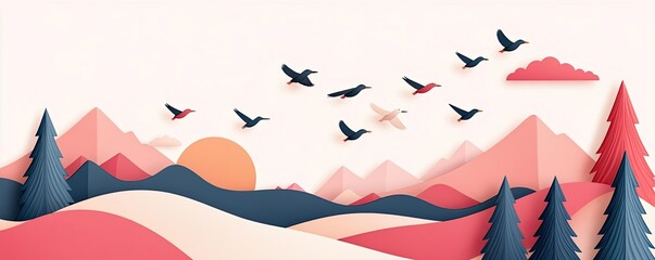 Naklejka premium Stylized paper-cut landscape with mountains, trees, and flying birds at sunset.