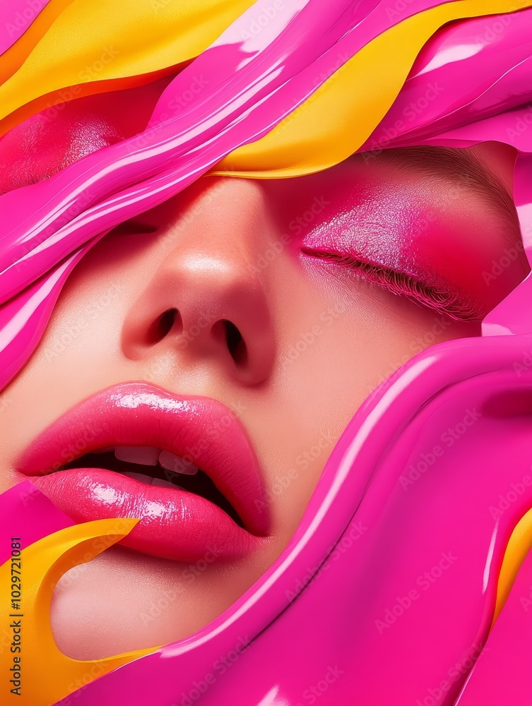 Aufkleber abstract glitch art design with distorted face, featuring a woman's face partially hidden by colorfu