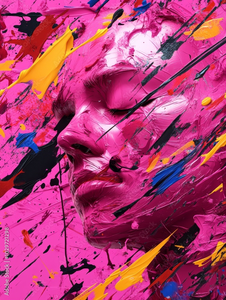 Aufkleber abstract glitch art design featuring a distorted face in a vibrant pink and yellow color scheme. the