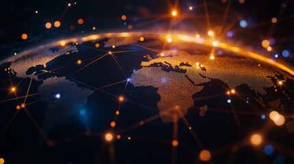 An abstract illustration depicting a global network of interconnected cities and continents, symbolizing global communication, technology, and interconnectedness.