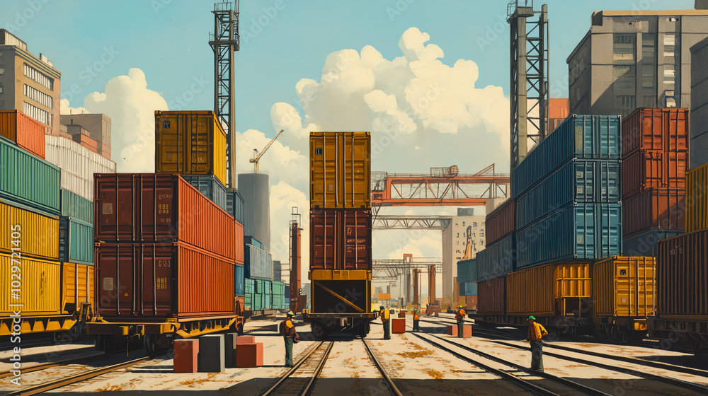 Poster a front view of containers being stacked in a rail yard, with workers preparing to load them onto wa