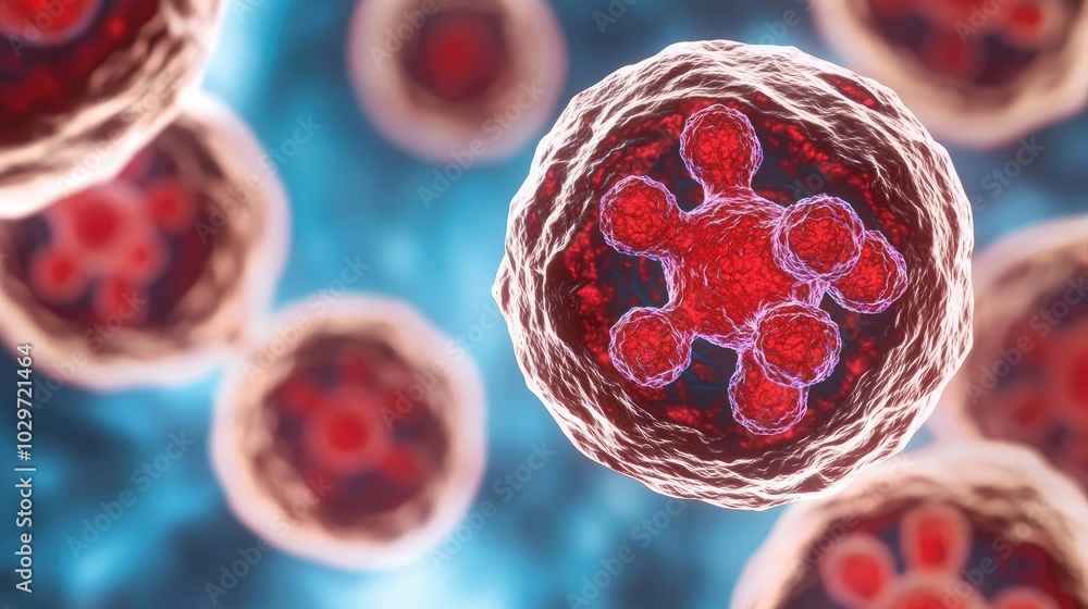 Poster Microscopic view of cells with red structures on a blue background.