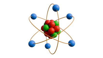 Realistic 3d cartoon atom model nuclear energy icon illustration orbit spin element isolated on transparent alpha channel background 