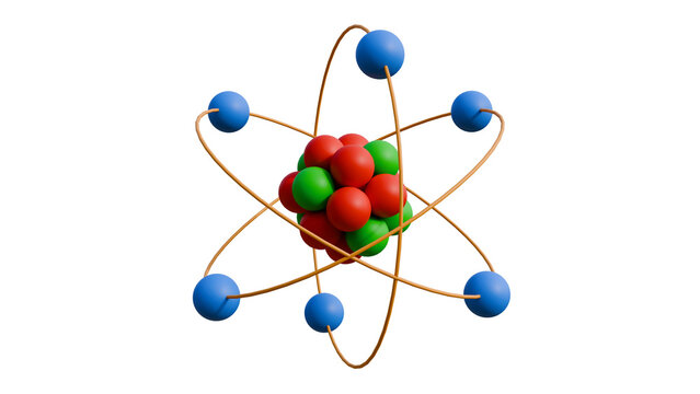 Realistic 3d cartoon atom model nuclear energy icon illustration orbit spin element isolated on transparent alpha channel background