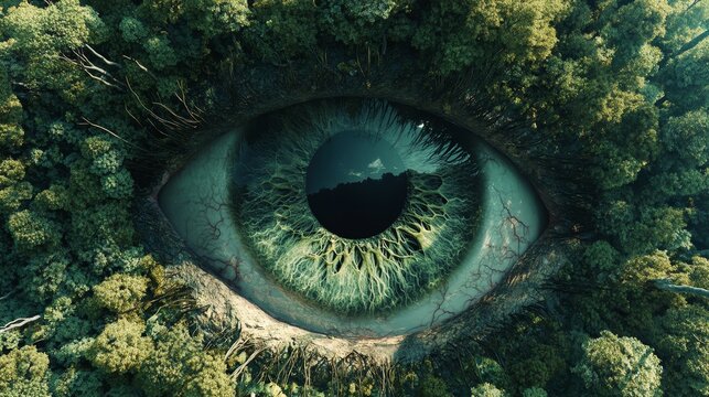 An aerial view of a lush forest, with the eye of a giant peering from the canopy. The eye looks down at the world below, symbolizing nature's watchful presence, the interconnectedness of life, the bea