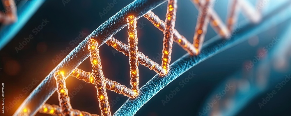 Poster close-up view of dna strands illuminated with vibrant lights.