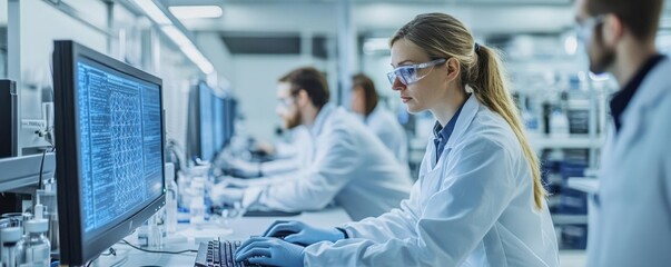 Biotech researchers in a laboratory using computers to model vaccine structures computational biology, vaccine development