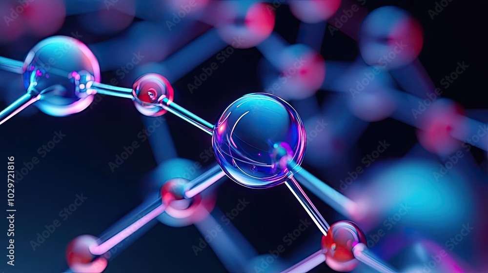 Poster Abstract molecular structure with colorful spheres and connections.