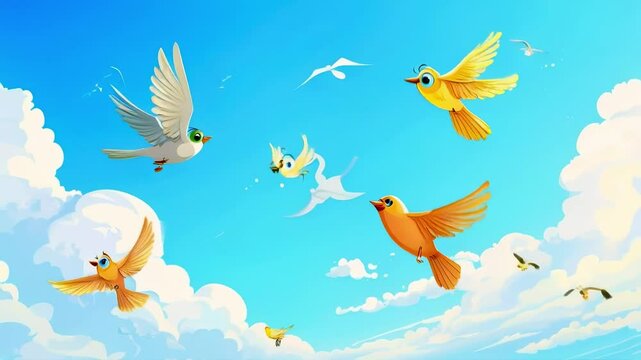 Cartoon Birds Flying in the Blue Sky