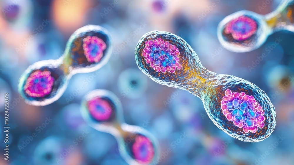 Poster colorful microscopic cells with intricate details on a blurred background.