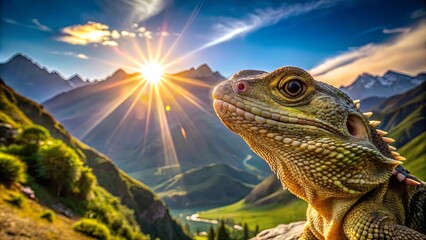 A lizard basks in the golden light of a setting sun, its scales catching the rays, overlooking a valley of rolling green hills and snow-capped peaks.