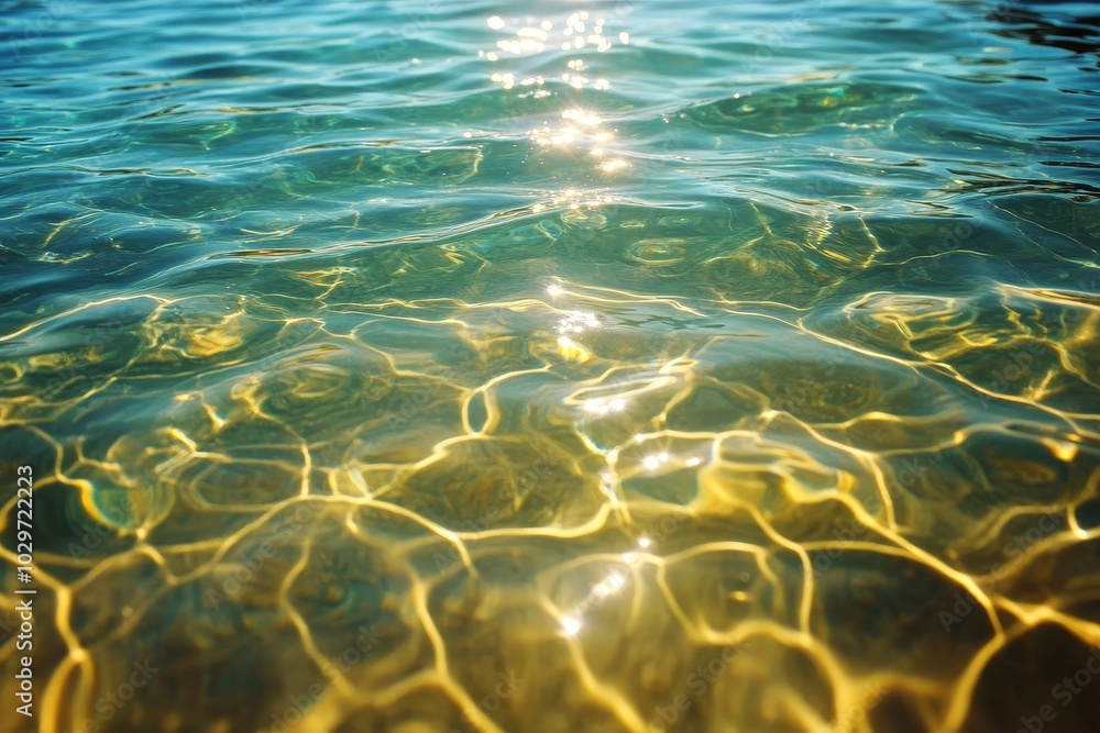 Poster crystal-clear water shimmering with sunlight, creating a mesmerizing ripple pattern. a perfect image