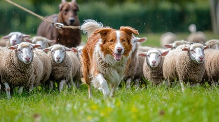 Playful Sheepdog Herding a Flock of Sheep Outdoors