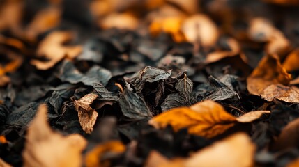 Dried Leaves Texture - Autumnal Colors and Patterns of brown, orange, and black leaves close up. Nature, fall, decay, texture, pattern.