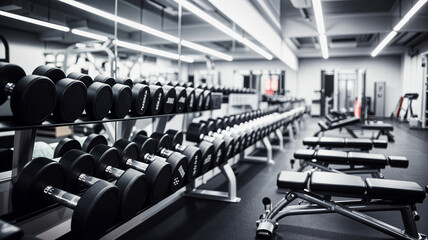 Obraz premium Gym weights rows, benches line, sleek modern workout space, bright lights, reflections, fitness equipment, empty clean