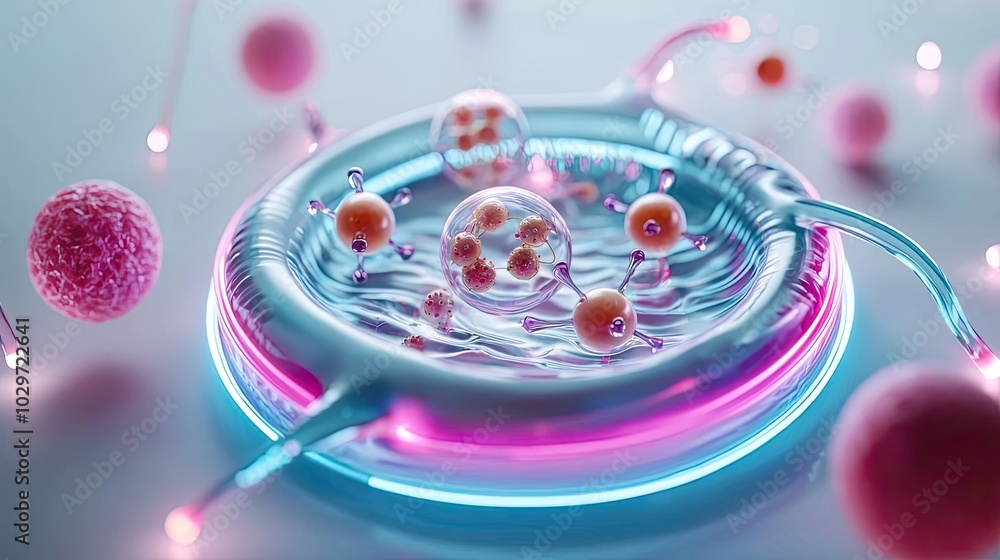 Poster abstract representation of molecular structures with vibrant neon colors.