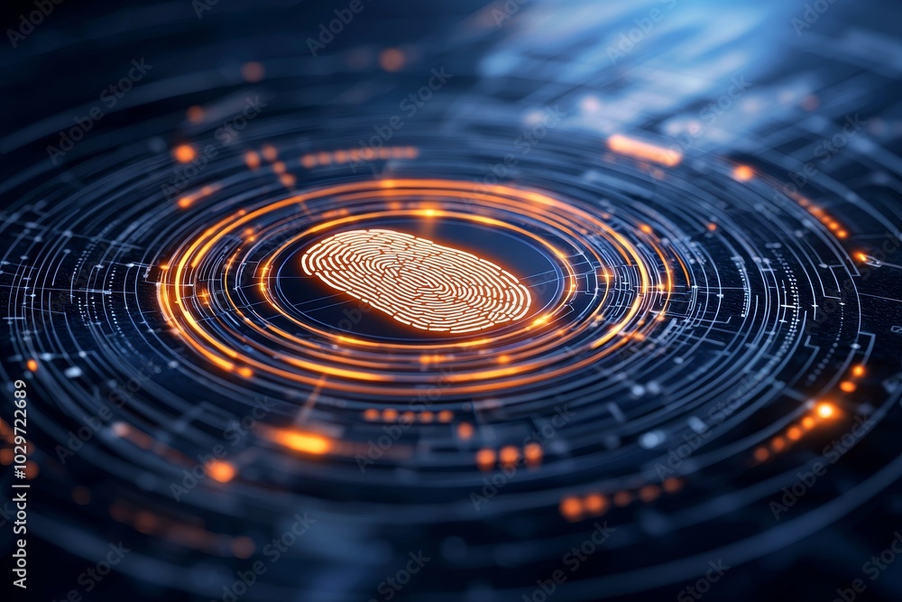 Poster fingerprint scanner security technology with a glowing fingerprint in the center of a futuristic cir
