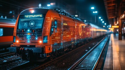 Naklejka premium Futuristic train with glowing digital display, waiting at a modern train station at night, symbolizing technology, transportation, progress, future, travel.