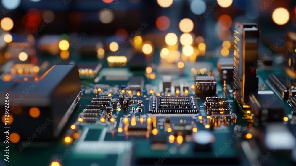 Poster high-tech circuit board integration detail display showcasing intricate electronic components, conne