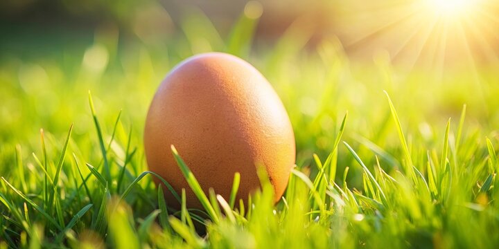 A single brown egg nestled in lush green grass, bathed in the warm glow of a golden sunrise.