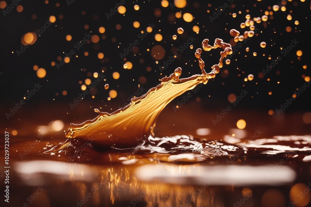 Poster liquid splash with bokeh lights, a dynamic image showcasing a brown liquid splashing with glowing bo