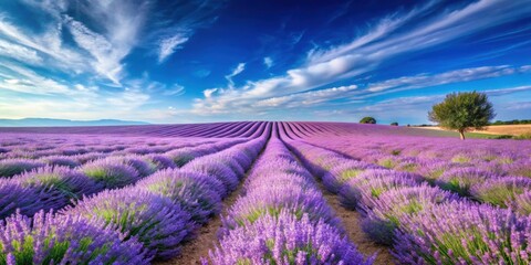 Obraz premium Tranquil lavender field under blue sky, showcasing the beauty of nature, lavender, field, blue sky, tranquil, nature