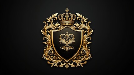 Fototapeta premium An elegant gold crescent emblem featuring a detailed shield adorned with decorative leaf flourishes, topped with a grand crown, and bordered by intricate ornamental foliage. 
