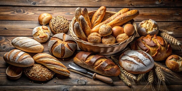 A Rustic Tabletop Display Featuring a Diverse Array of Freshly Baked Breads with Wheat Sheaves and a Bread Knife