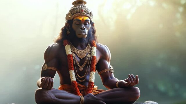 Hanuman meditating in a tranquil forest at sunrise