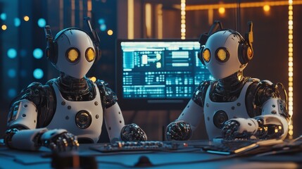Two AI robots, dressed in futuristic attire, are hosting a podcast in a studio setting. They are discussing technology, culture, and the future of artificial intelligence.