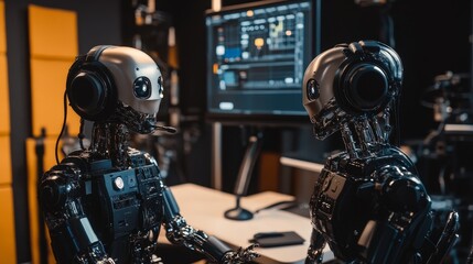 Fototapeta premium Two AI robots in a studio setting, ready to host a podcast. This image symbolizes the future of content creation, artificial intelligence, technology, and innovation.