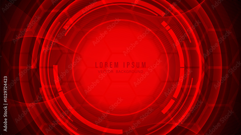 Poster futuristic red circular and hexagonal background with high-tech appearance, multiple layers of semi-