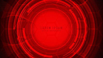 Futuristic red circular and hexagonal background with high-tech appearance, multiple layers of semi-transparent shapes